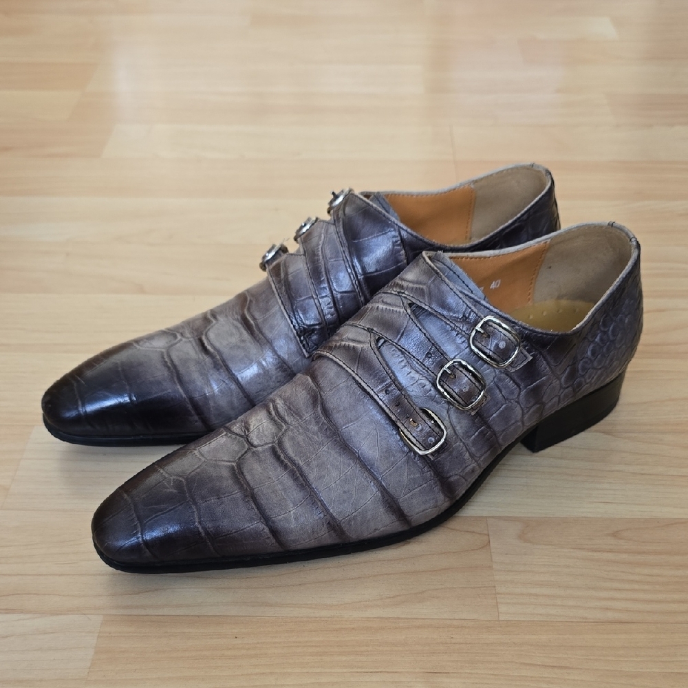 Handmade Men gray alligators print monk crocodile Two tone dress shoes Size 40